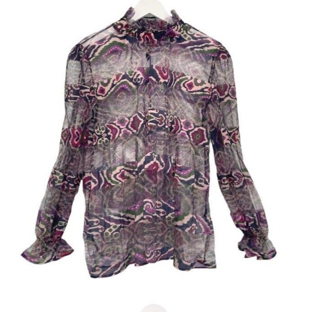 CQBYCQ Sheer Top Medium Ruffled Neck Long Sleeve Loose Fit Bodice